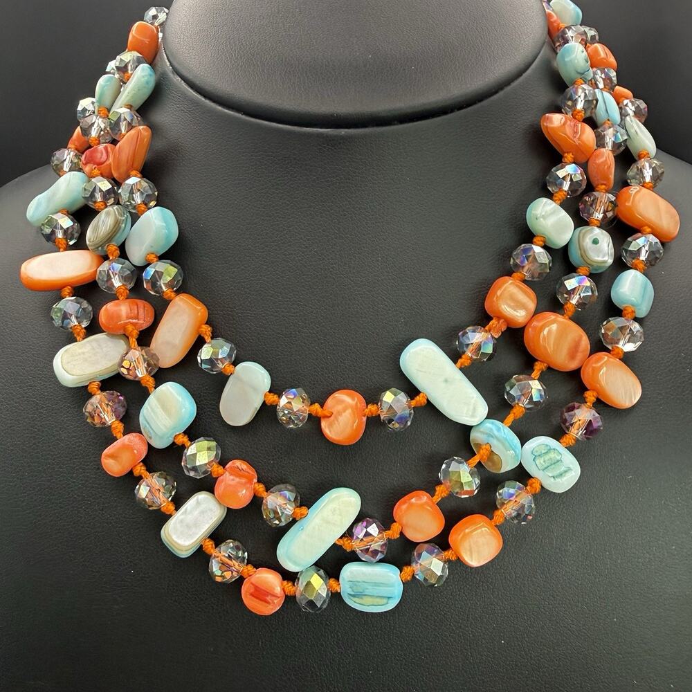 Vintage Hand Knotted Mother of Pearl Crystal Flapper Sautoir Necklace Long 48”